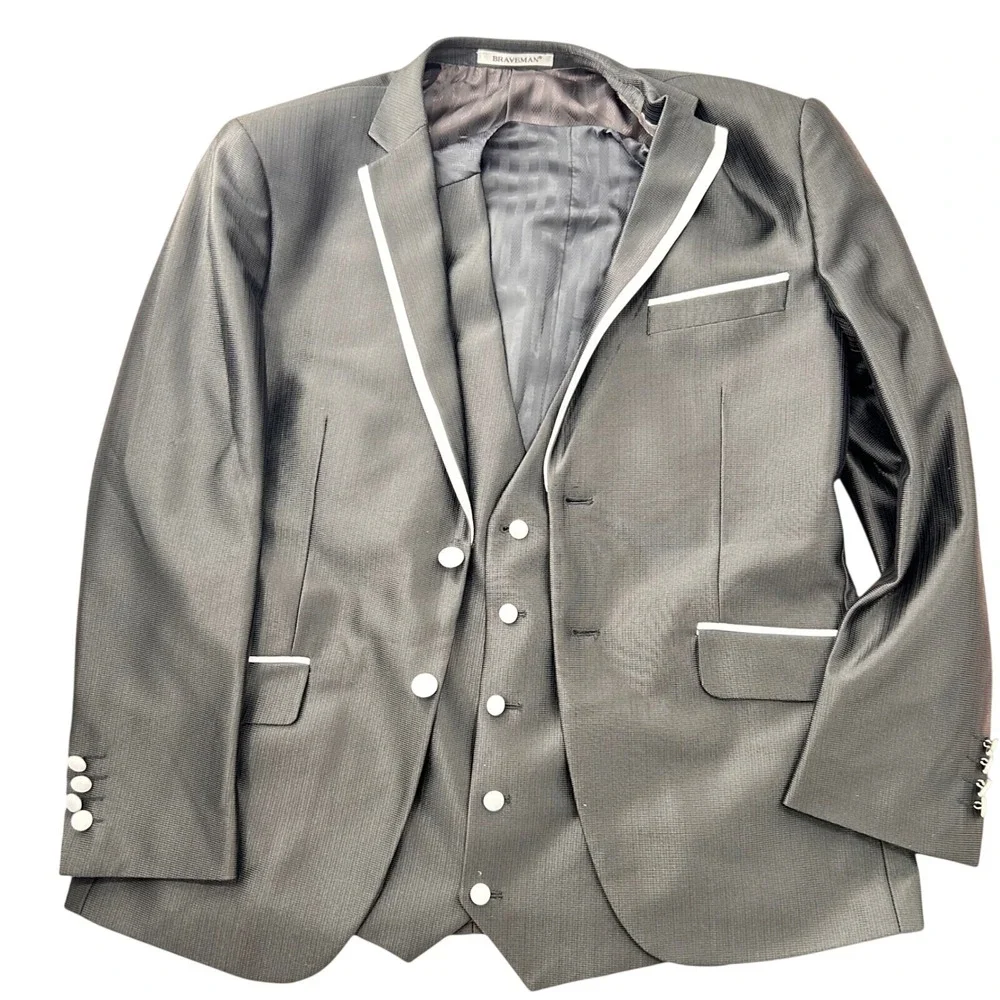 Braveman Mens 3 Piece Suit Set Charcoal Grey White Piping Blazer Vest Pants